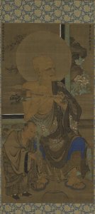 Arhat (Handaka Sonja - Panthaka) sitzend; ein Schüler mit Lotusblüten zu seiner Rechten, Nanbokucho-Periode, Mitte des 14. Jahrhunderts